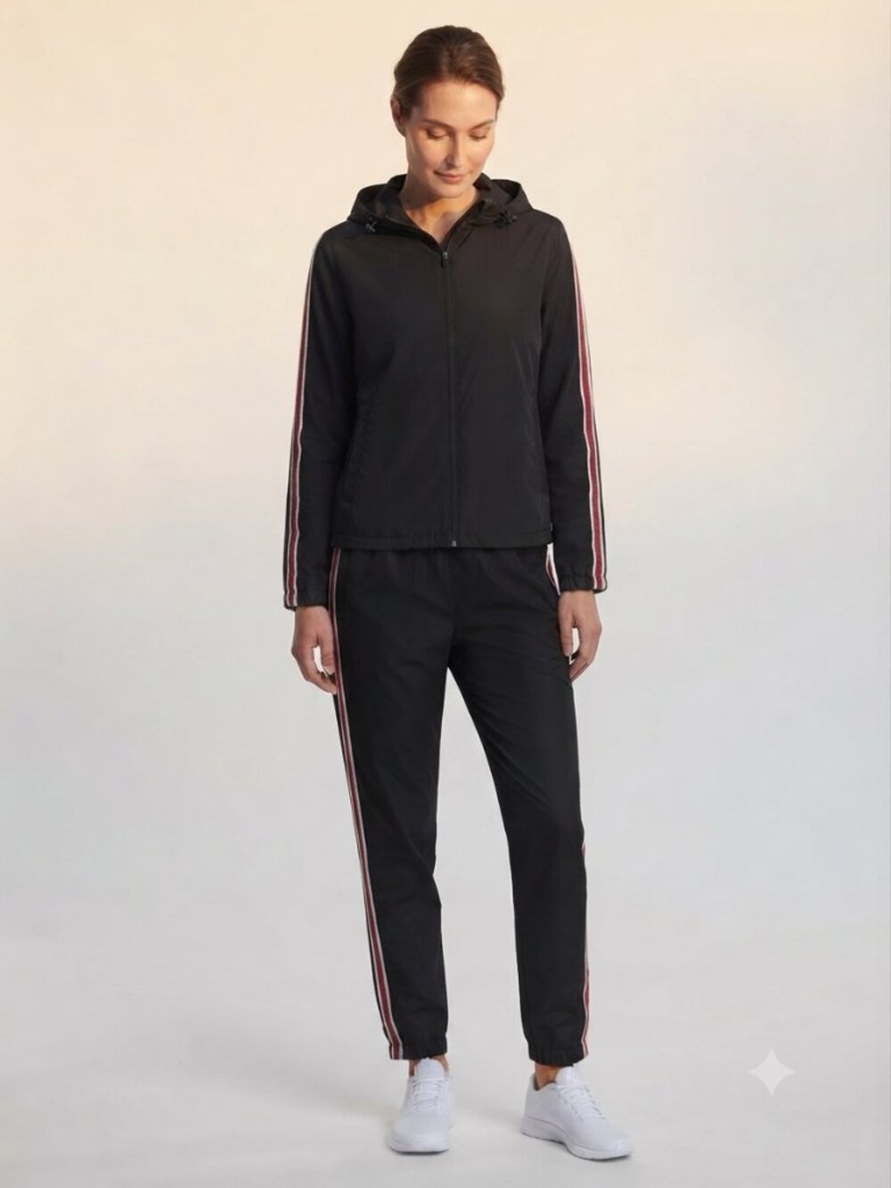 Vtg 90s Hooded Tracksuit Set Womens M Black Red Stripe Windbreaker Y2K Sport
